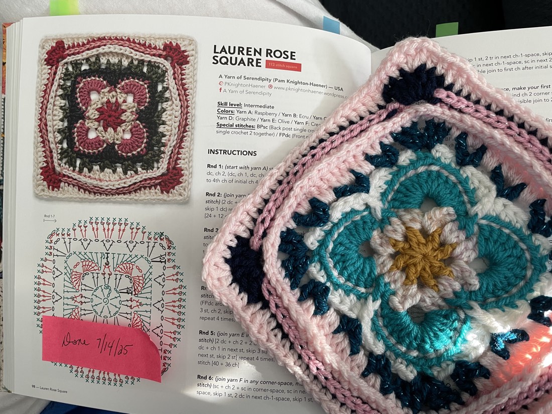 Crochet granny square design with detailed, multi-round stitching, shown open in a pattern book